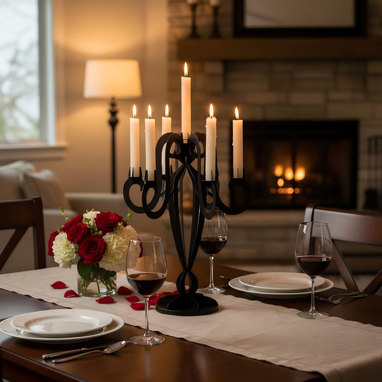 AIM & GGKK 7-Arm Black Metal Candelabra - Elegant Taper Candle Holders for Home Decor & Centerpieces
