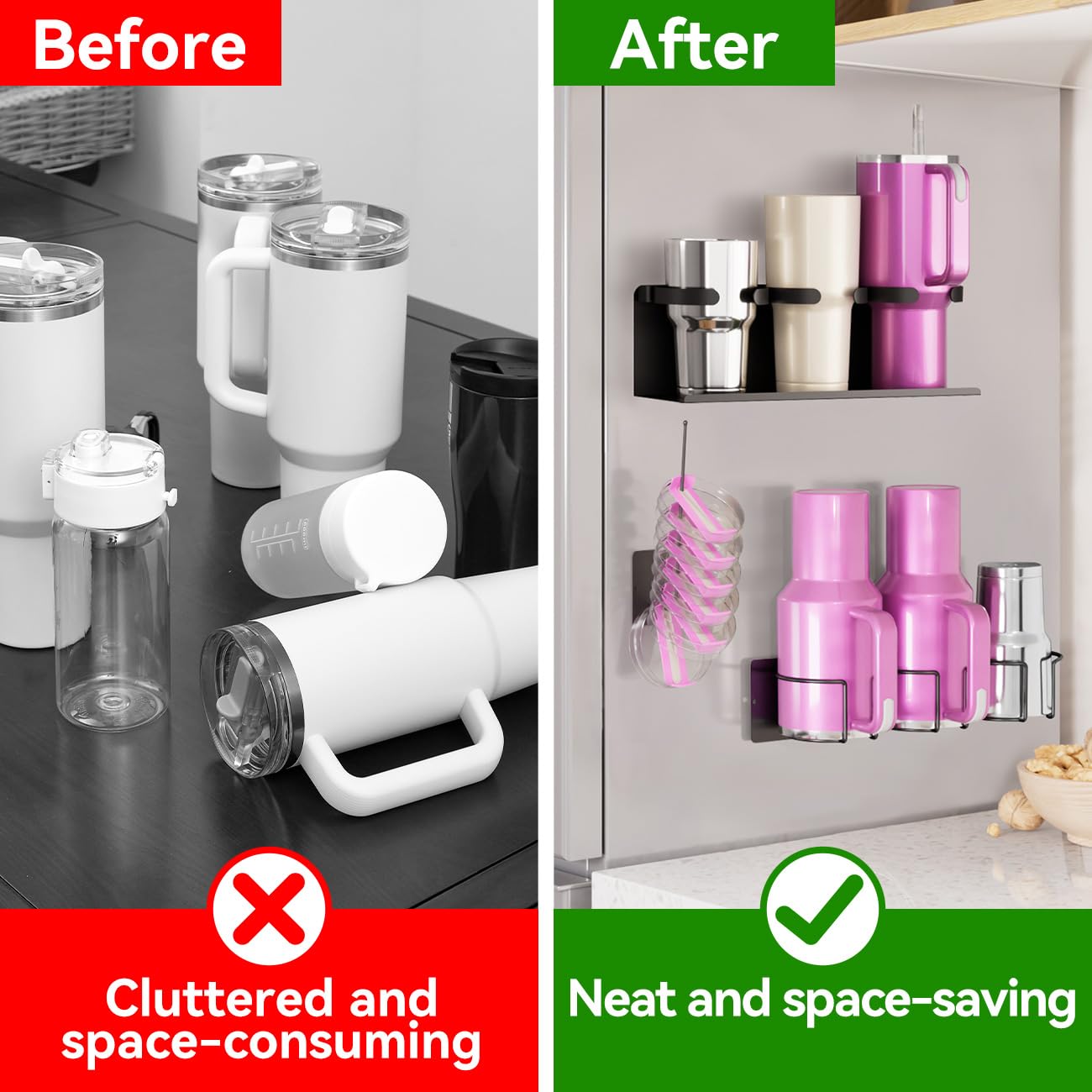 Veitail Magnetic Stanley Cup Holder for Fridge,Water Bottle Organizer,Tumbler Organizer,Stanley Cup Accessories(Black, 6 Bottles)