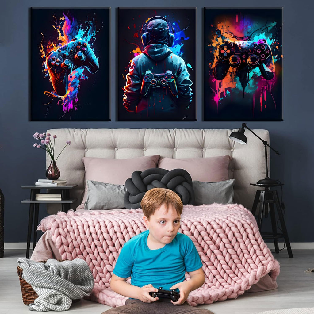 Skiennix Cool Gaming Wall Art - Retro Video Game Watercolor Posters | Colorful Neon Gamepad Canvas Prints for Kids' Rooms