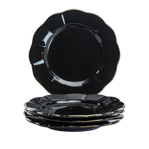 Gracie China Porcelain Black Gold Scallop Set of 4 Salad/Dessert Plates 8-Inch