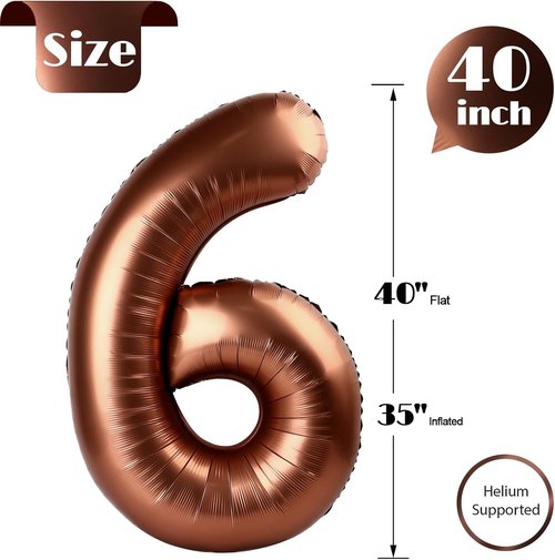 Coffee Brown Number 6 Balloon - 40 Inch Dark Brown Birthday Decoration for 6th Party