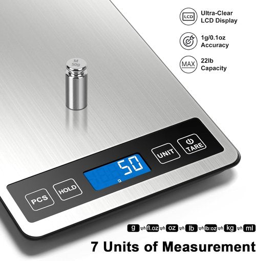 Fuzion Digital Kitchen Scale - 22lb Capacity, Rechargeable, Tare & PCS Functions | Tempered Glass & Stainless Steel