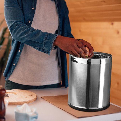 Brelso Small Office Trash Can, Open Top Small Wastebasket Bin, Stainless Steel Garbage Can, 'Invisi-Overlap' Metal Decorative Waste Basket for Powder Room, Vanity, Bathroom, Home, Modern