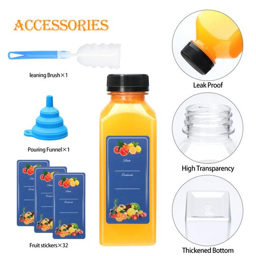Flrolove 25pcs 12oz Juicing Bottles,Square Plastic Juice Bottles with Caps,Plastic Containers with Lids for Juicing, Drinking,Smoothies,Tea, Milk and Other Beverages
