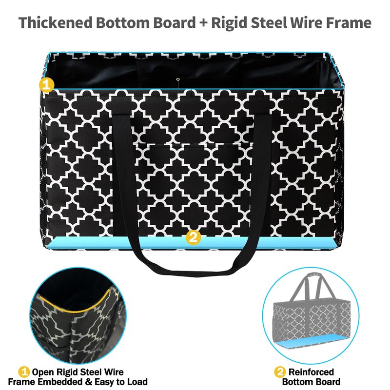 GhvyenntteS Extra Large Utility Tote Bag 2 Pack - Stand Up Utility Tote with Metal Wire Frame & Hard Bottom Board, Reusable Grocery Bags With Handles for Storage, Picnics, Beach, Laundry, Car, Camping