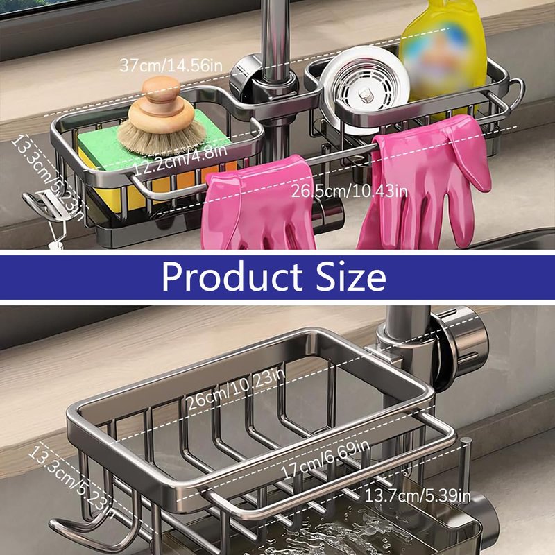 DURAUSE Kitchen Sink Faucet Organizer Multifunction Sponge Holder Organizer Sink Drain Holder Over Faucet Kitchen Sink Caddy with Hook Adjustable for 0.7-1.1inch Round Water Pipe (Silver, B)