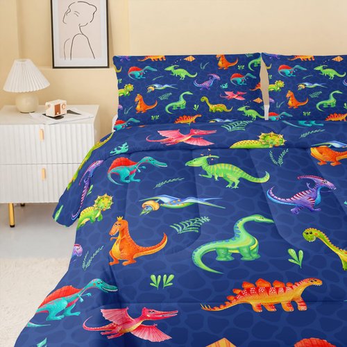 QOOMO Cartoon Dinosaur Kids Comforter Set for Boys Girls Full Size Dark Blue Dino Bedding Set Super Soft Dinosaurs Quilt with 1 Comforter and 2 Pillowcases Lightweight Microfiber for All Seasons