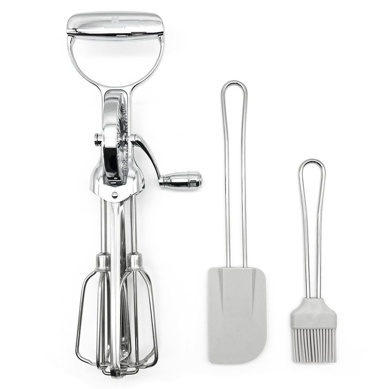Hommony Rotary Egg Beater 12", Stainless Steel Baking Set with Silicone Spatula and Basting Pastry Brush