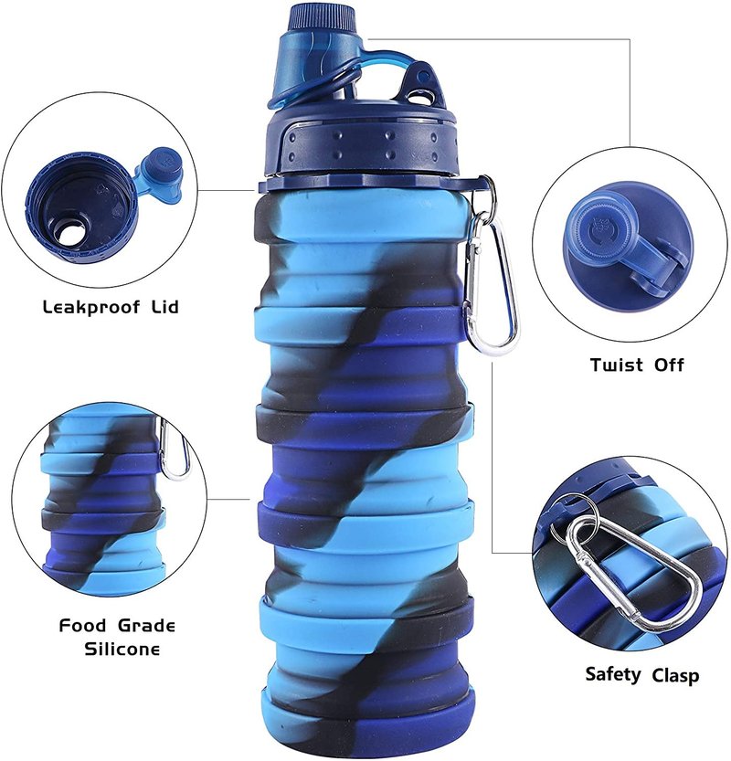 konlongzan Collapsible Water Bottles 3 pack Travel Water Bottle Portable Hiking Water Bottle with Leak proof Twist Cap 500ML Reusable BPA Free Silicone Water Bottles with Carabiner. (Colorful)