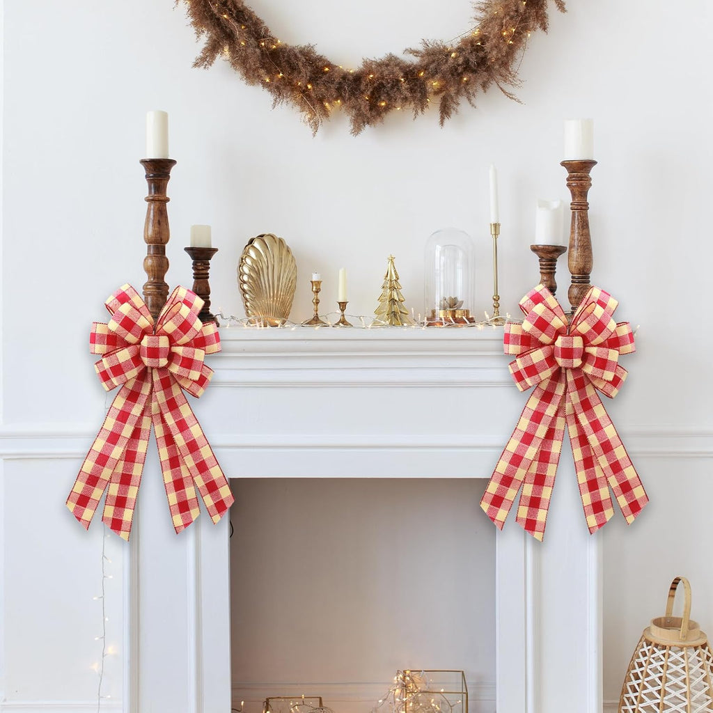 Regine Switzerland Large Red Linen Buffalo Plaid Wreath Bow - Rustic Burlap Decoration for Weddings & Holidays