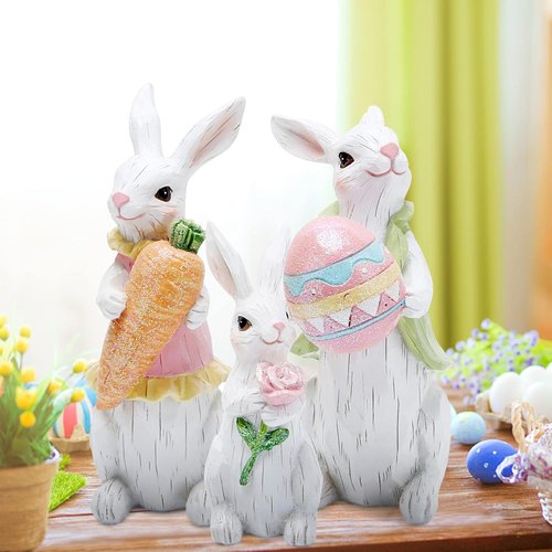 Hodao Easter Bunny Decorations - Spring Indoor Home Decor | Adorable White Bunny Figurines Set