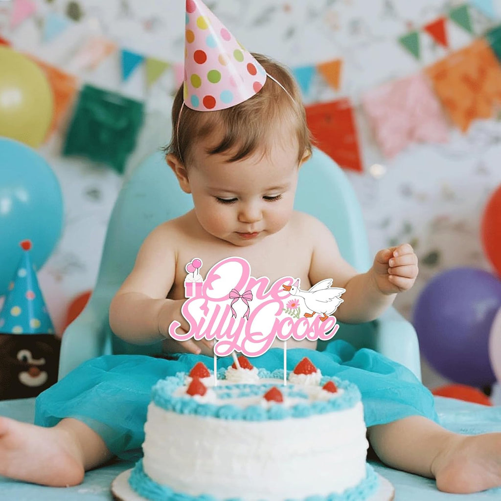 One Silly Goose Birthday Cake Topper - Fun Goose Theme Decorations for 1st Birthday | Cupcake Props