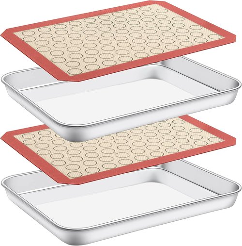 Deedro Baking Sheet Set - Stainless Steel Cookie Sheets with Silicone Mats | 4-Piece, 10 x 8 x 1 Inch