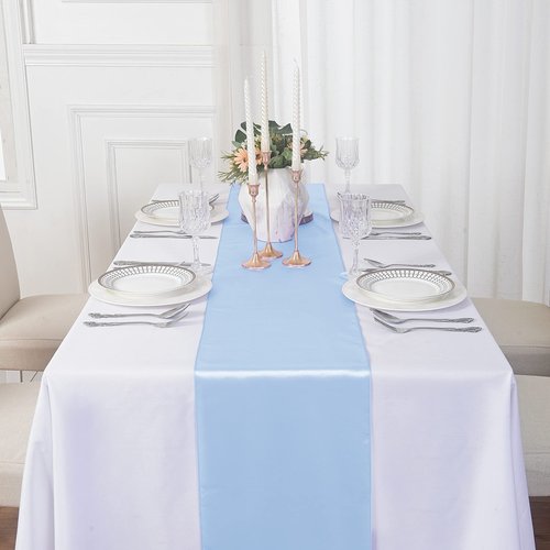 flohar 12Pack Table Runner 12 x 108 Inches Satin Silk Table Runner for Wedding, Birthday Party, Banquets, Graduations Decoration, fit Rectange and Round Table-Blue Mist