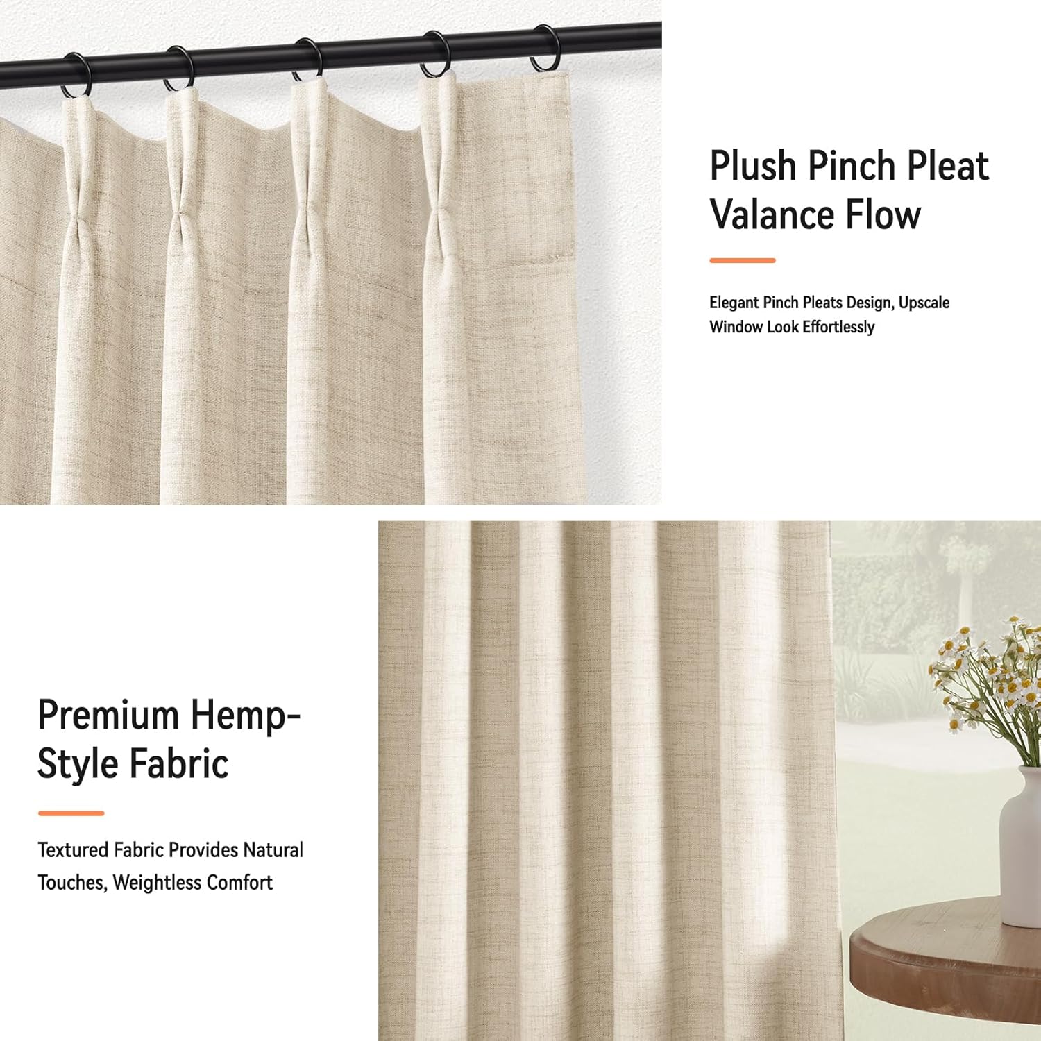 Skiennix 100% Blackout Curtains - Textured Pinch Pleated Drapes, Cream, 84" Long, 2 Panels Set