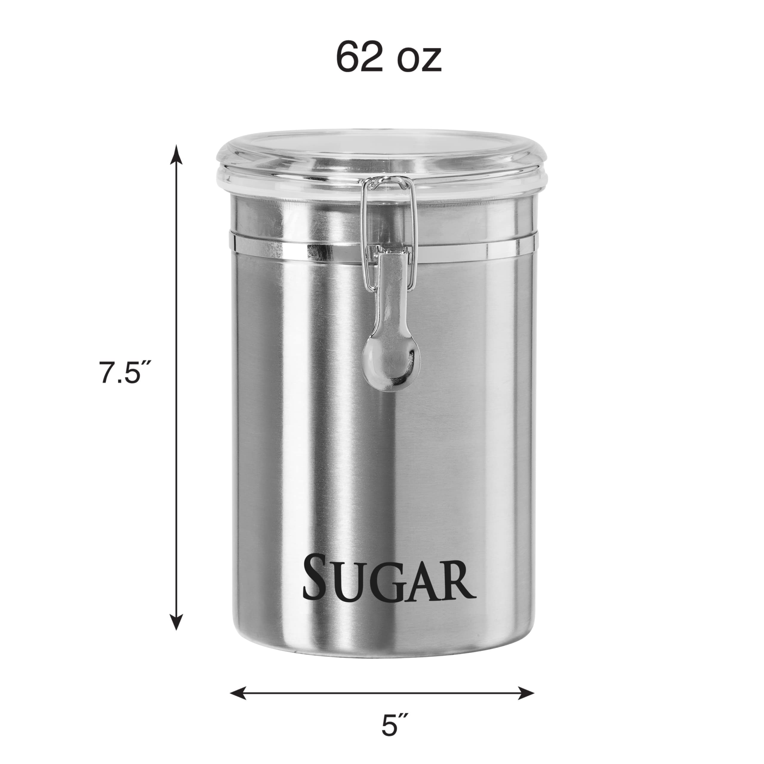 Oggi Stainless Steel Sugar Canister 62 fl oz - Airtight Clamp Lid, Clear See-Thru Top - Ideal Sugar Container for Countertop, Sugar Jar, Bulk Sugar Storage. Large Size 5" x 7.5".