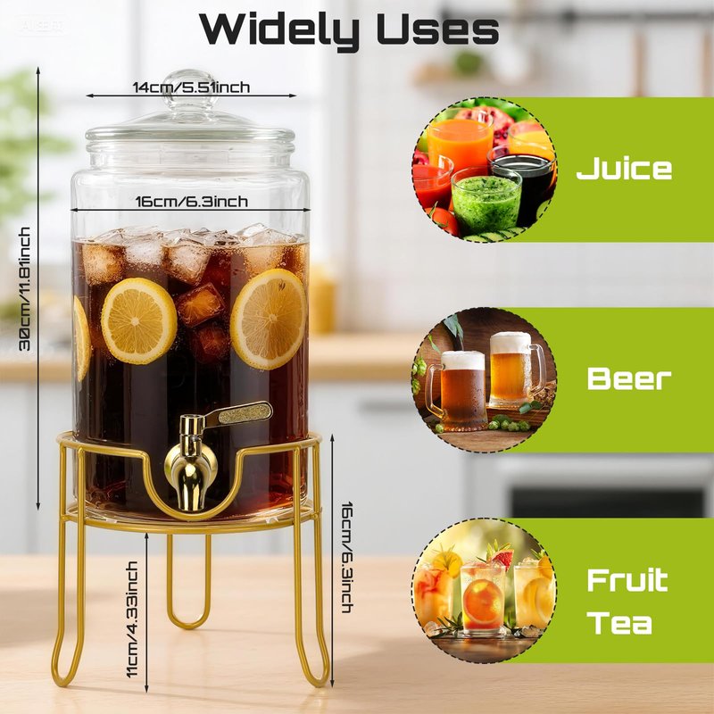DHSBTLS 1 Gallon Glass Drink Dispensers, Round Beverage Dispenser for Party, BBQ and Picnic, Clear Airtight Juice Dispenser with Golden Stand, Stainless Steel Spigot, Markers and Chalkboard
