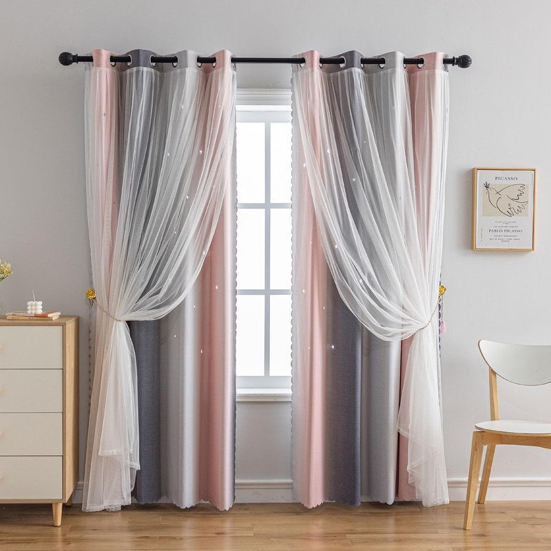 conokata Star Girl and Kids Curtains for Bedroom Rainbow Ombre Double Layer Cute Shot Nursery Darkening Grommet Princess Room Décor 2 Panels Living Room Window Curtain (Pink-Grey, 52W x 84L)