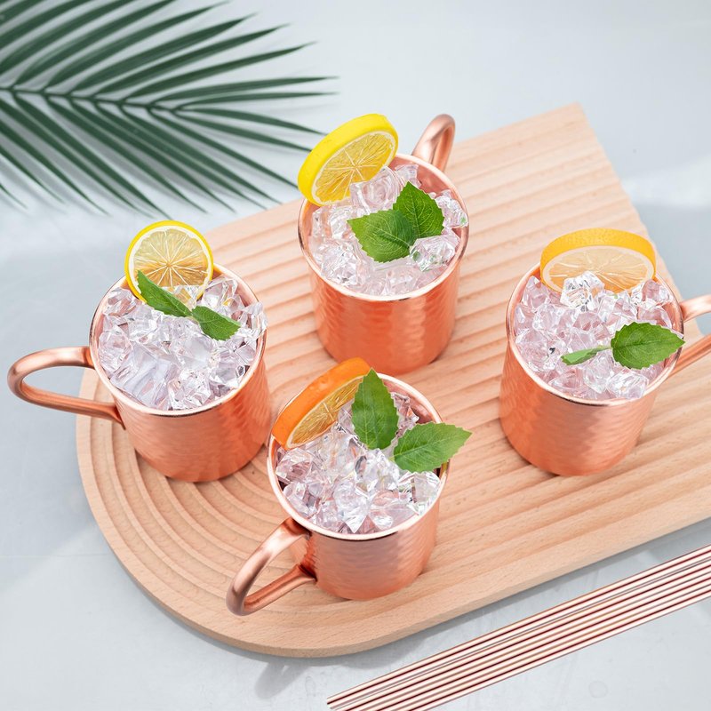 TJ Moscow Mule Mugs Set of 4, 100% Pure Copper Cups 14 oz, Handcrafted Copper Mugs w/Straws, Tarnish Resistant, Gift for Cold Drinks Cocktail Beer Wine Party Bar