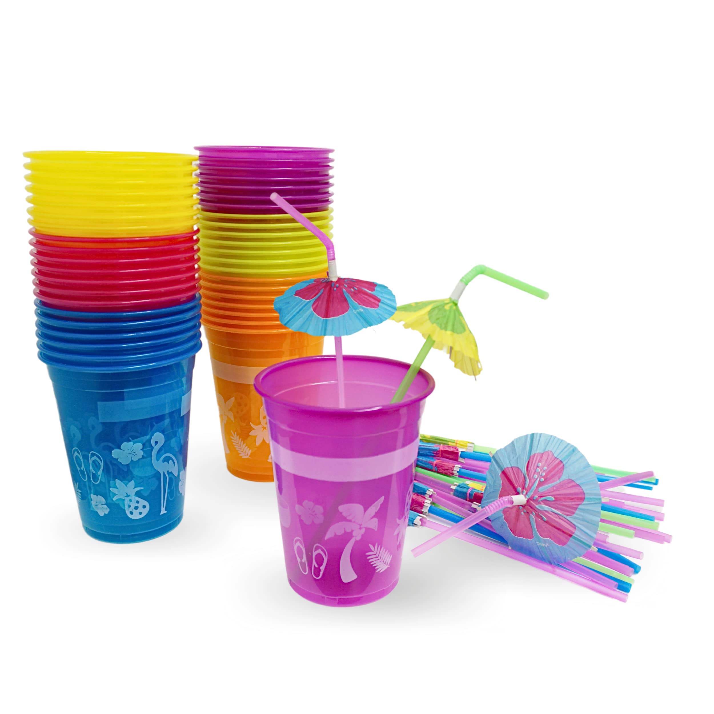 4E's Novelty 48 Packs Tropical Party Cups with Parasol Straws - Disposable Plastic Cups 16oz BPA free, for Hawaiian Luau Party and Pool Parties, Beach Theme Birthday Decorations for Kids & Adults