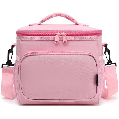 FlowFly Insulated Reusable Lunch Bag Adult Large Lunch Box for Women and Men with Adjustable Shoulder Strap,Front Zipper Pocket and Dual Large Mesh Side Pockets,Pink