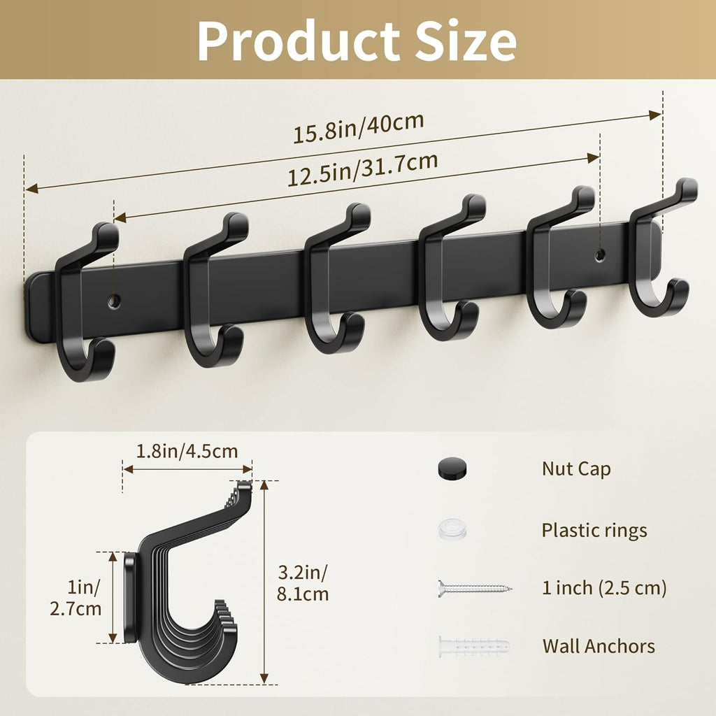 Pickpiff Coat Rack - Heavy-Duty Wall Mounted Metal Hanger with 6 Hooks for Hats, Clothes, and More | Black, 1 Pack