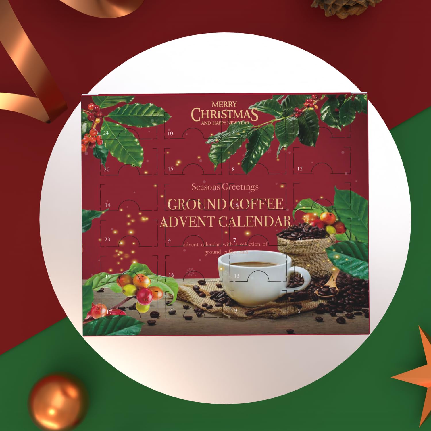 Skiennix 24 Days Advent Calendar | Flavored Ground Coffee Gift Set - French Vanilla, Hazelnut, Irish, Italian & Cinnamon