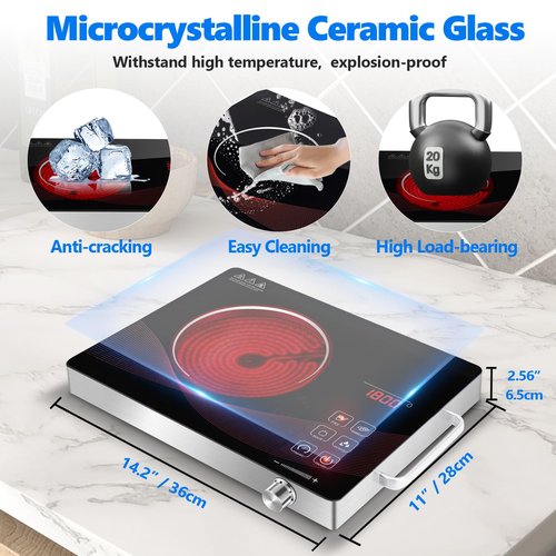 GRACEALL Single Burner Electric Hob 1800W Countertop Hot Plate, Infrared Cooker for Cooking Portable Stove, Compact Hotplate Temperature Adjustable, Touch & Knob Control