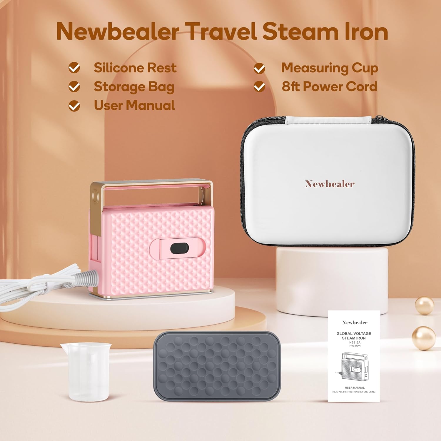 Newbealer Travel Steam Iron - Handheld Steamer with Non-Stick Ceramic Soleplate | Global Voltage, Pink