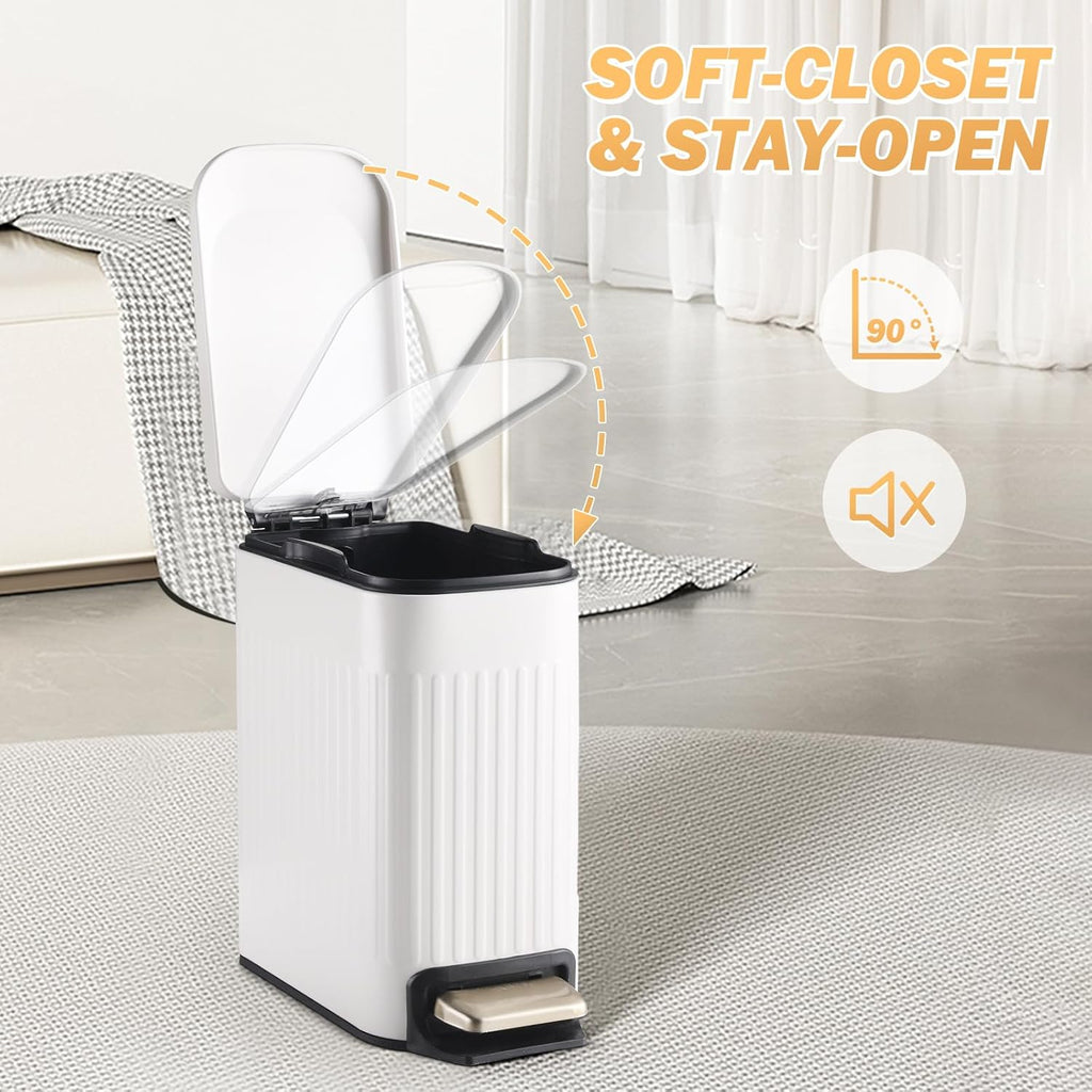SYNCVIBE Slim Bathroom Trash Can - Soft Close Stainless Steel Step Bin with Removable Inner Bucket | 1.8 Gallons, Matte White