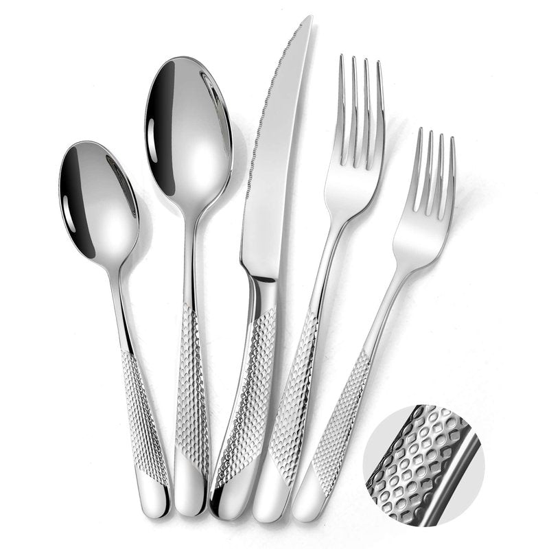 Lemeya 40-Piece Hammered Silverware Set for 8,18/10 Stainless Steel Flatware Set with Serrated Forged Knives,Heavy Duty Cutlery Set for Home & Party Restaurant,Mirror Polished, Dishwasher Safe
