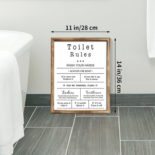 MODE HOME Farmhouse Wall Art - Funny Toilet Rules Sign with Torched Brown Frame | 14x11 Inch Shabby Chic Decor