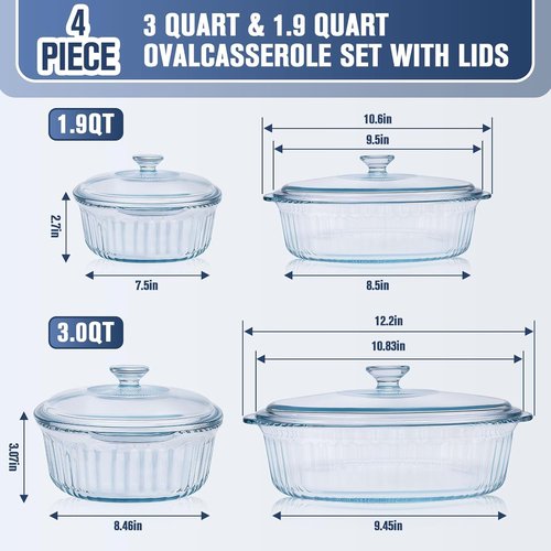Glass Baking Dishes - 2 Pack Casserole Dishes with Lids | Oval Set for Lasagna & Leftovers, 1.9 Qt & 3 Qt