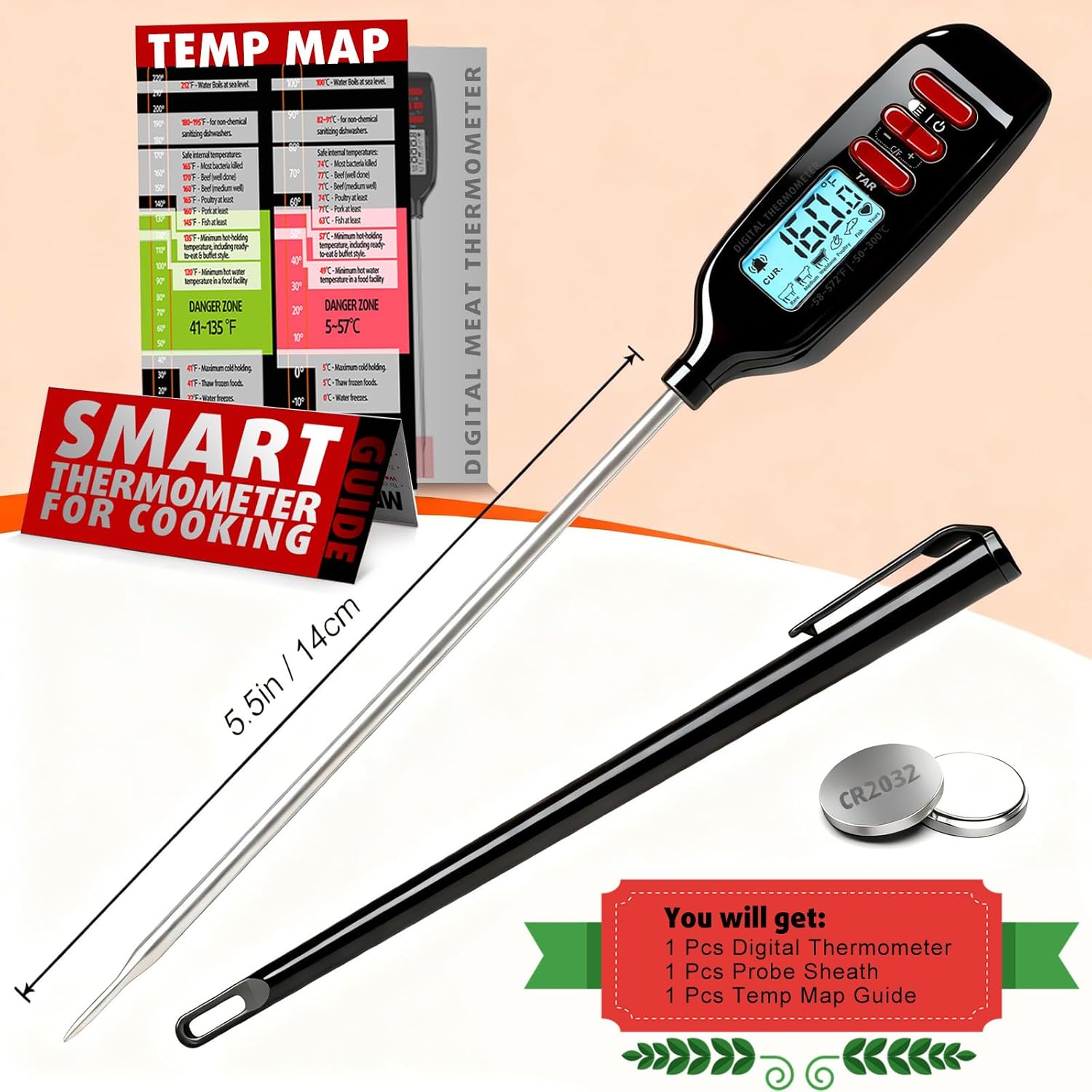 Antonki Digital Meat Thermometer - Instant Read Cooking Thermometer with Long Probe & Backlit Display