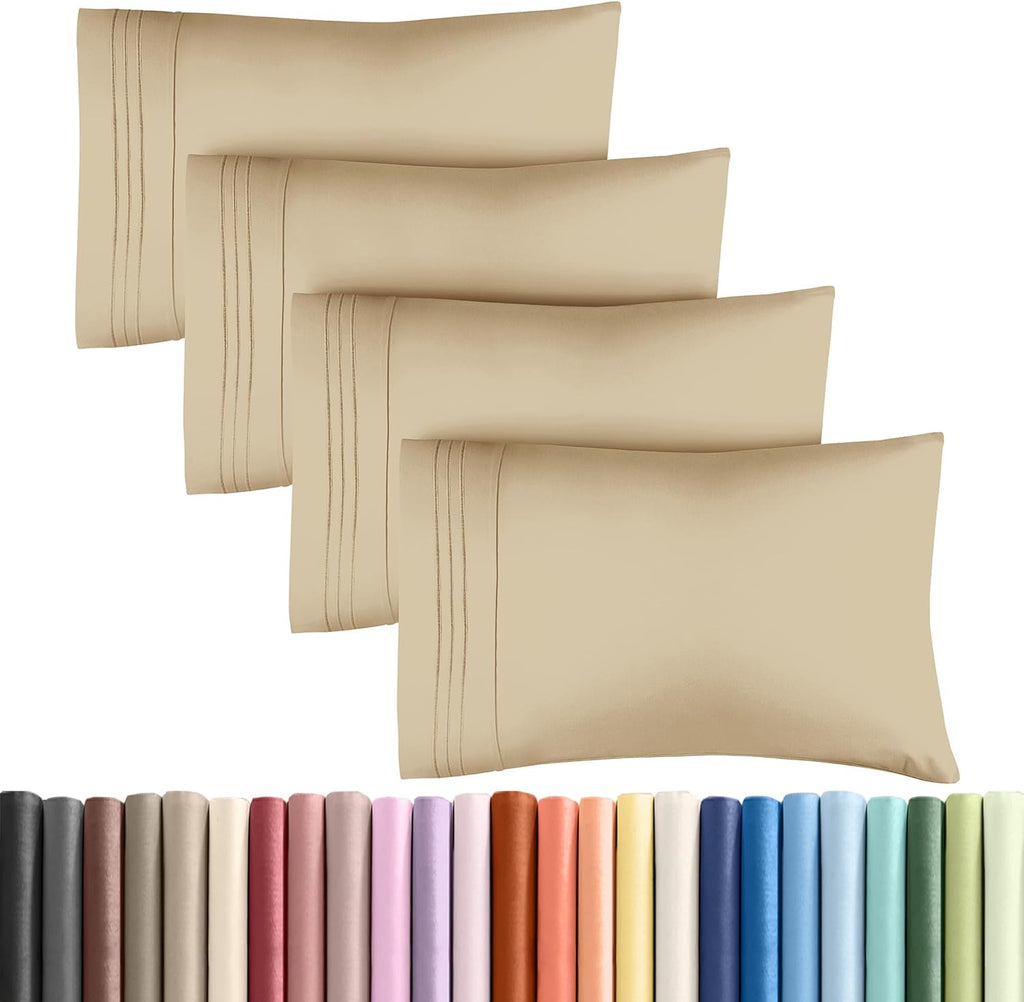 Queen Pillow Cases by [Brand Name] - Ultra Soft Hotel Quality Covers | Wrinkle-Free & Stain Resistant - 4 Piece Set in Beige