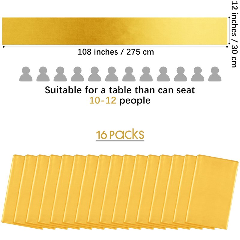 Aneco 16 Pack Satin Table Runner 12 x 108 Inch Gold Long Wedding Satin Silk Table Runner for Wedding Banquet Graduations Birthday Party Decoration