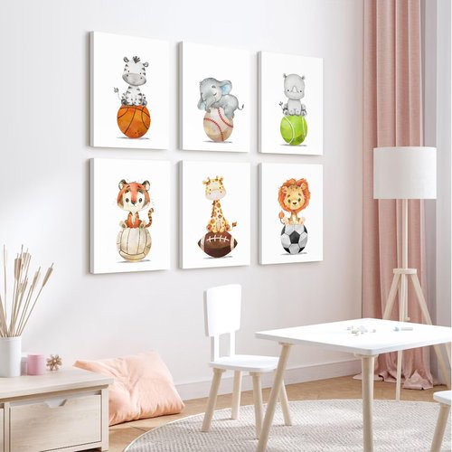 Baby Boy Wall Art Nursery Sports Decor Safari Animal Canvas Wall Art Woodland Baby Boy Room Poster Prints Nursery Artwork Pictures for Bedroom 12x16 set of 6 Inch Wrapped Canvas