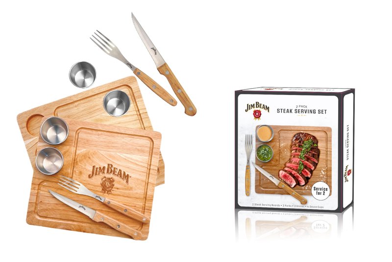 Jim Beam® 2 Pack Steak Serving Set - Durable Para-wood Serving Boards, Built-in Drip Grooves, Anti-Skid Feet, Service for Two, Includes Forks, Knives, and Sauce Cups, Board Size 10" x 9" x 0.4"