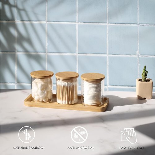 INIUNIK Qtip Holder - 3 Pack Glass Apothecary Jars with Lids | Stylish Bathroom Organizers for Cotton Balls, Swabs, and More
