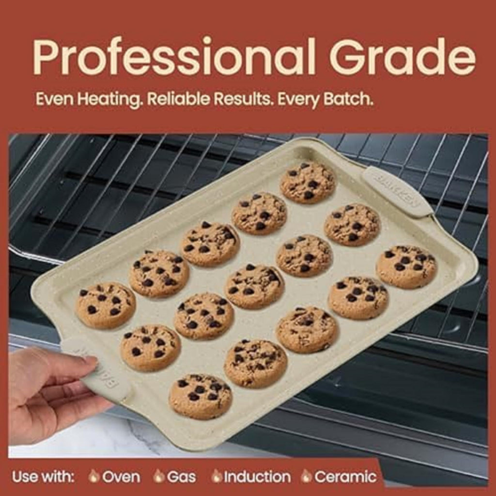 BAKKENMASTER 18-Piece Deluxe Nonstick Carbon Steel Bakeware Set - Professional Kitchen Oven Baking Pans with White Silicone Handles and Accessories