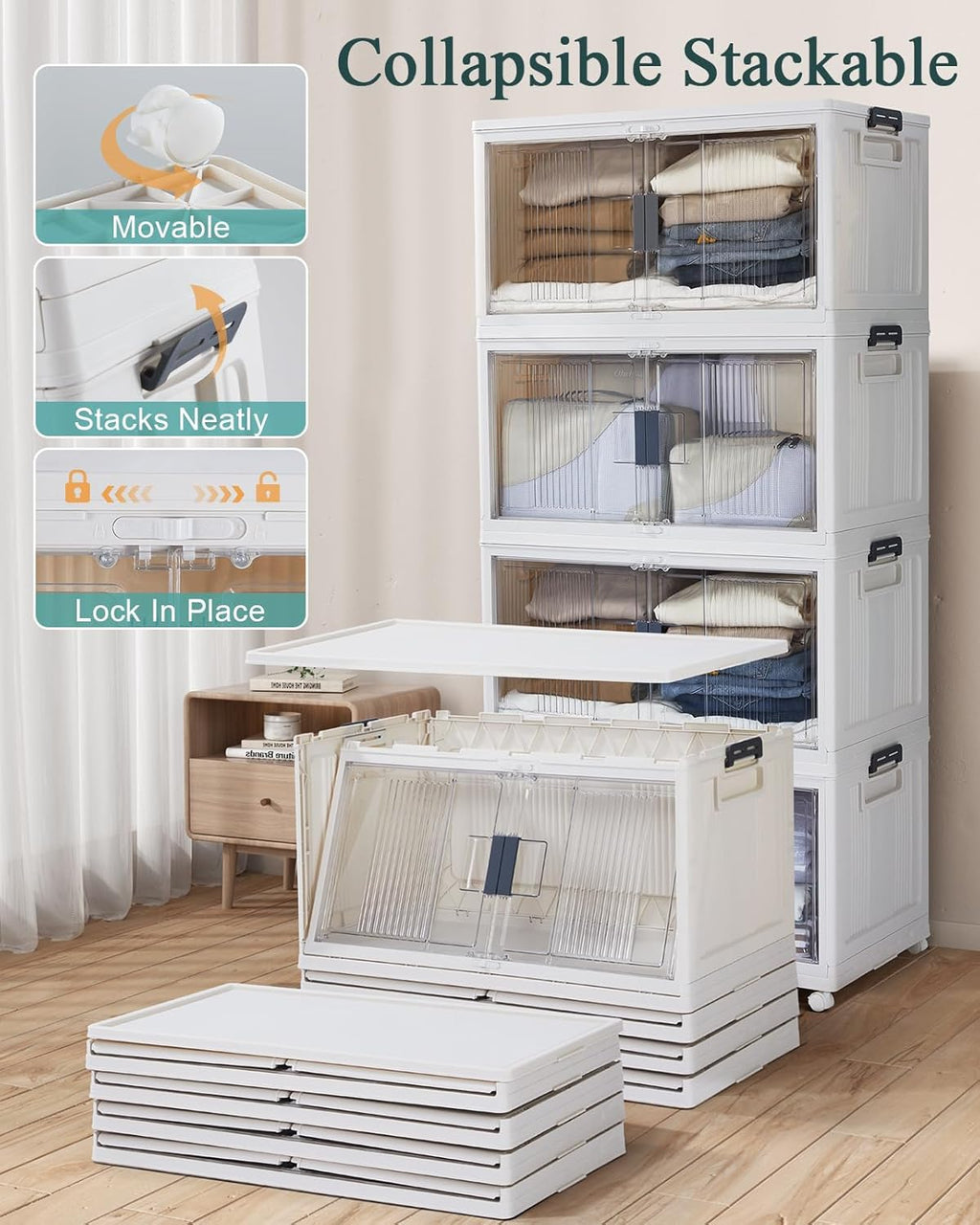 OlarHike Stackable Storage Bins with Lids - Collapsible Plastic Boxes with Doors & Wheels | 97QT, 4-Pack for Easy Organization