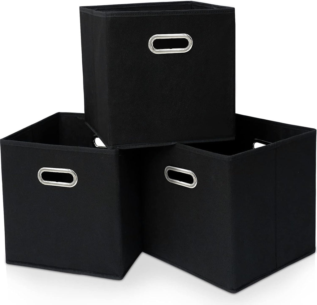 Skiennix Black Fabric Cubby Storage Bins - Foldable Cube Organizer with Dual Handles | Set of 3, 13x13x13 Inches