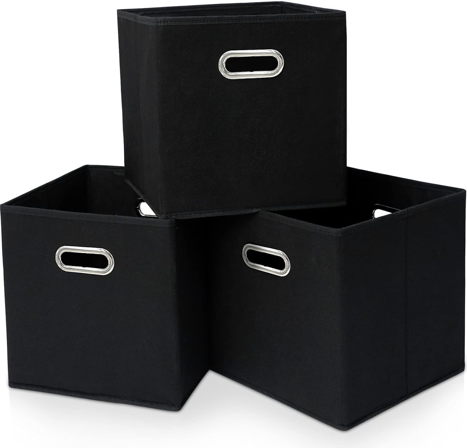 Skiennix Black Fabric Cubby Storage Bins - Foldable Cube Organizer with Dual Handles | Set of 3, 13x13x13 Inches