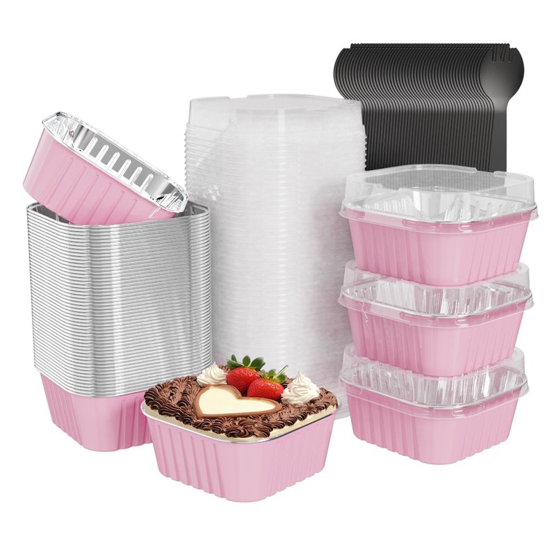 Ksmxos 50 Pack Square Mini Cake Pans with Lids,Mini Loaf Pans with Lids,Aluminum Foil Baking Cups,Disposable Ramekins Cupcake Cups,Dessert Cups for Wedding Birthday Party Picnics,5oz (Pink)