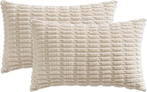 MIULEE Corduroy Lumbar Throw Pillow Covers - Soft Boho Striped Design, 20x12 Inch, Cream White | Modern Farmhouse Decor