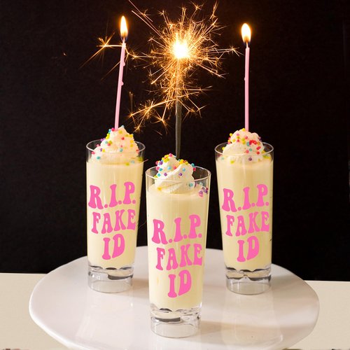 JUSTOTRY 21st Birthday Pink Shot Glass - RIP FAKE ID - 2oz Shot Glass - Best 21st Birthday Decorations - Ideal for Women