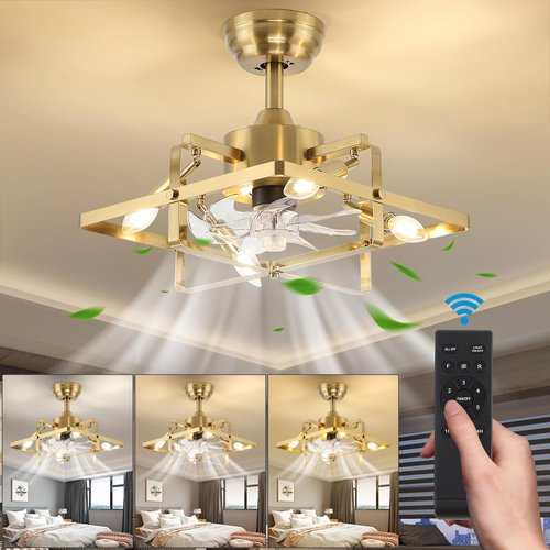 ECOBRT 16" Gold Ceiling Fan with Light and Remote, Flush Mount Indoor, 6-Speed Reversible Motor for Bedroom, Living Room, Kitchen