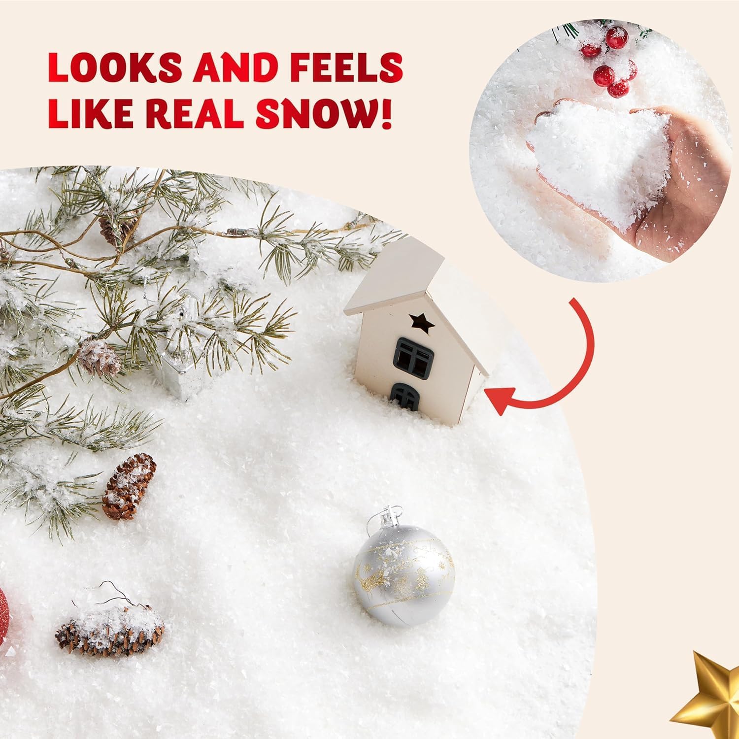 Skiennix Fake Snow Decoration - Instant Artificial Snow for Christmas Crafts | 10.6 Ounces Dry Plastic Snowflakes