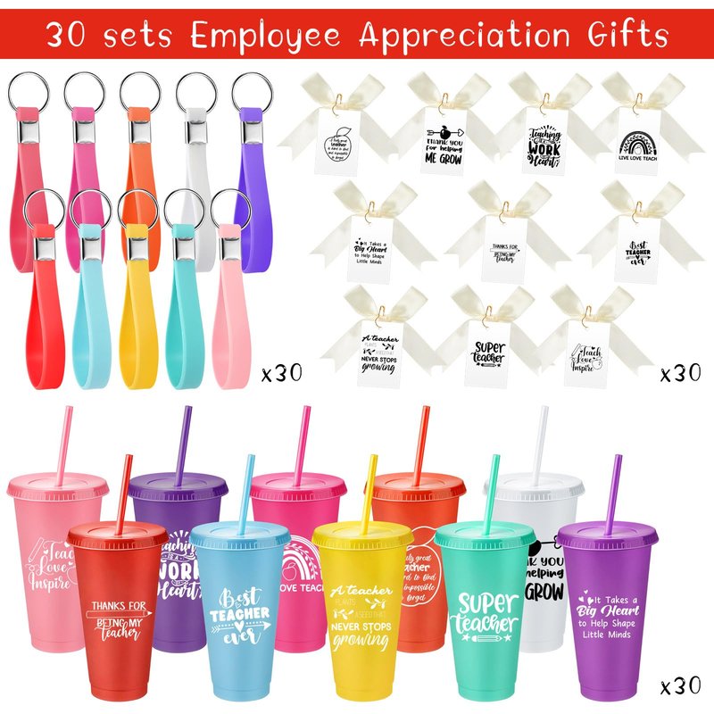 SiliFine 30 Sets Thank You Teachers Appreciation Gifts Bulk, 24 oz Plastic Tumblers with Lids and Straws Reusable Coffee Cups with Silicone Keychains, Bow-knots and Cards(Appreciated)