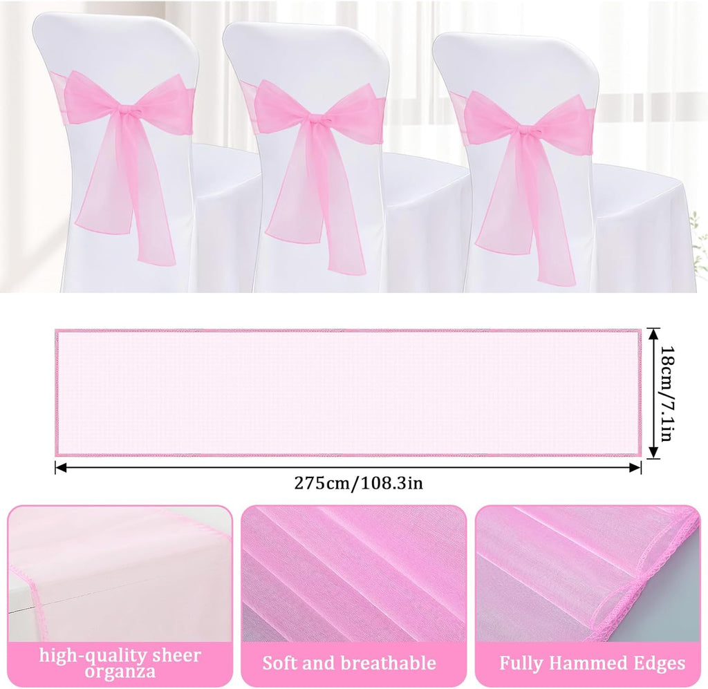 Skiennix 10PCS Pink Chair Sashes - Elegant Organza Ribbon Ties for Wedding & Party Decor